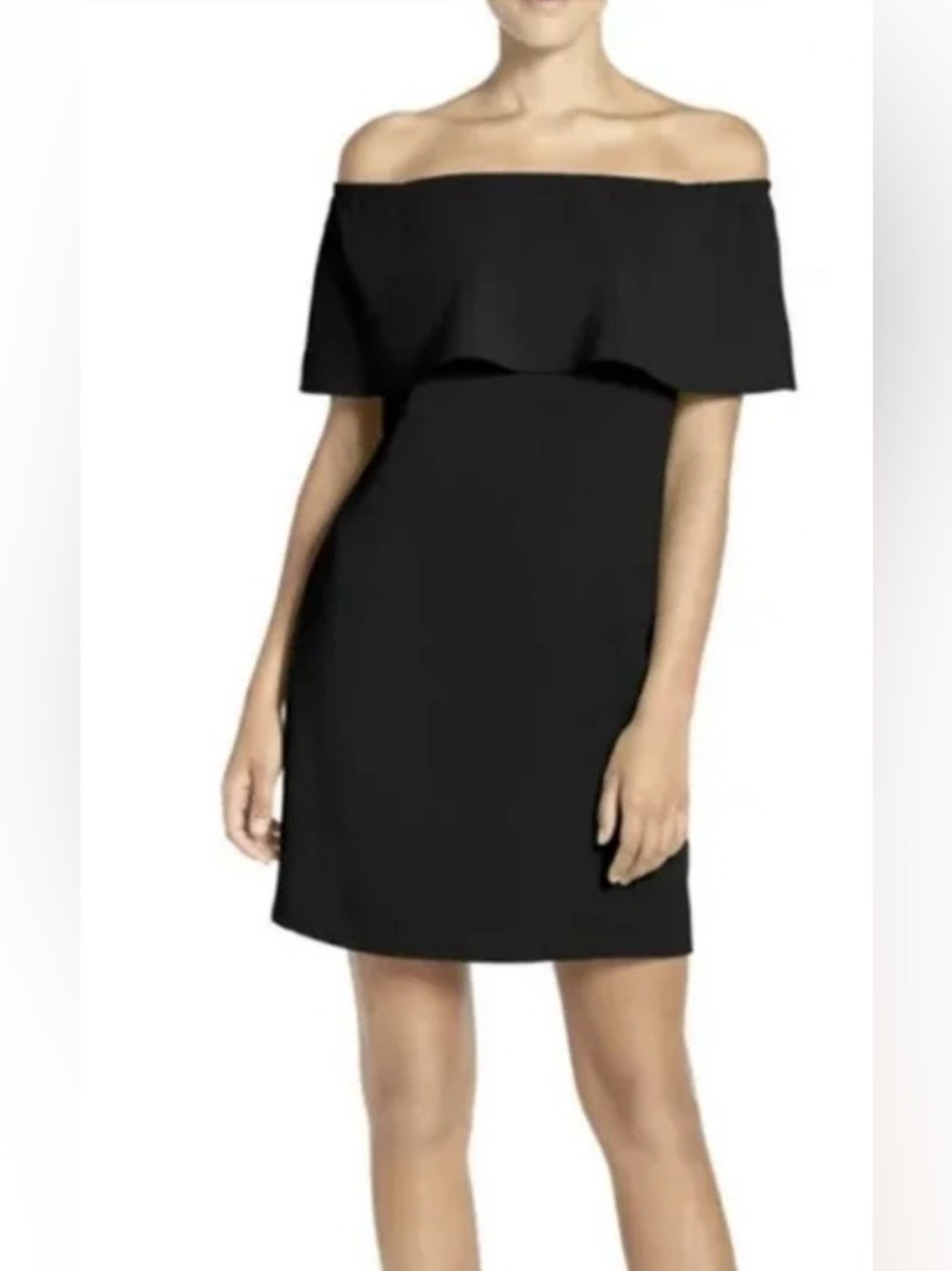 NWT Charles Henry Off-Shoulder Black Mini Dress with Ruffle Overlay